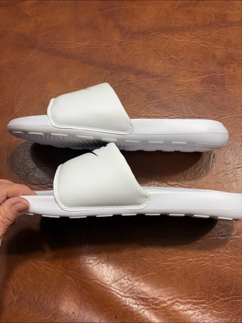 Nike White and Black Logo Slide Sandals Size 8 great shape